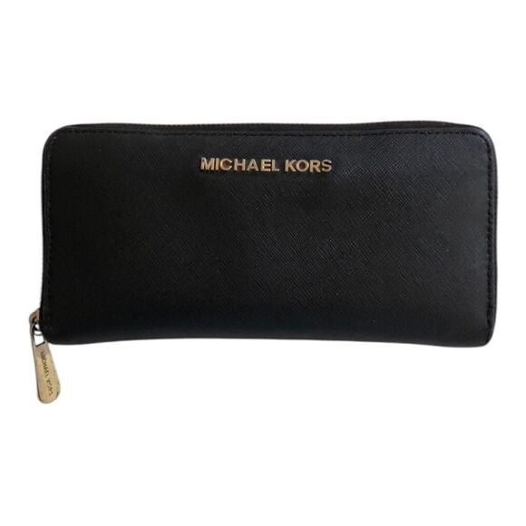 Michael Kors Classic Chic Black Saffiano Leather Zip Wallet Gold Hardware - Picture 2 of 15